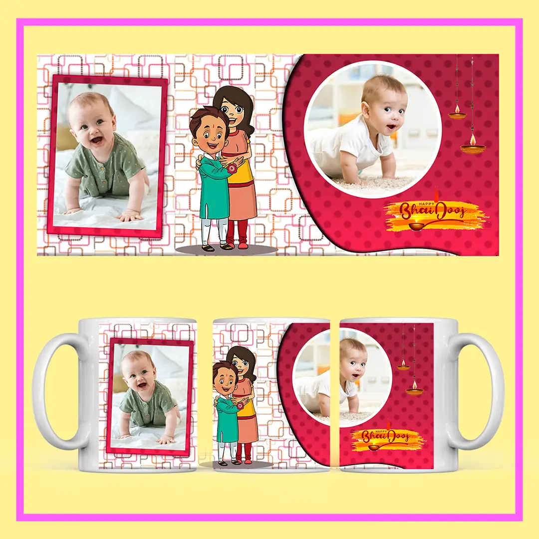 Personalized Bhai Dooj Gift – Custom Photo Mug with brother-sister illustration and printed photos from ResroseShop.in