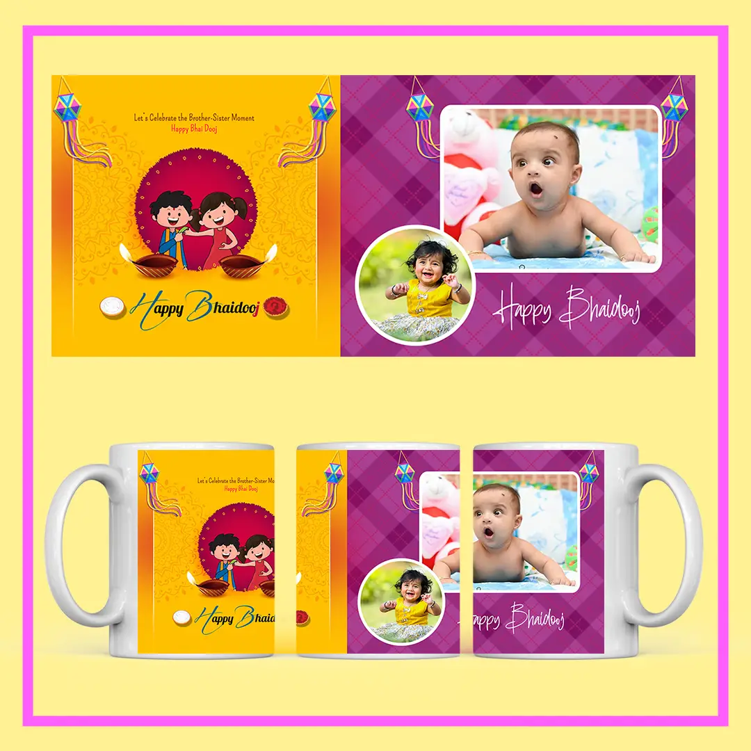 Personalized Bhai Dooj Gift – Custom Photo Mug with brother-sister illustration and printed photos from ResroseShop.in