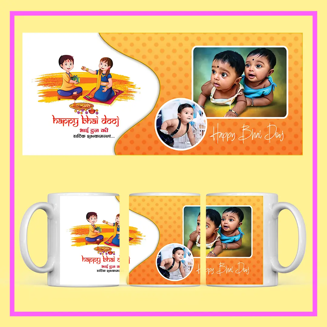 Personalized Bhai Dooj Gift – Custom Photo Mug with brother-sister illustration and printed photos from ResroseShop.in
