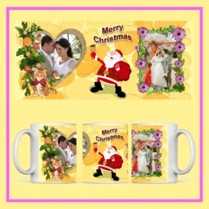 Personalized Christmas Photo Mug with Santa Claus design, flowers, and couple photo – festive ceramic mug from ResroseShop.in