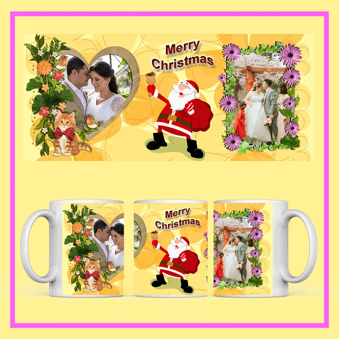 Personalized Christmas Photo Mug with Santa Claus design, flowers, and couple photo – festive ceramic mug from ResroseShop.in