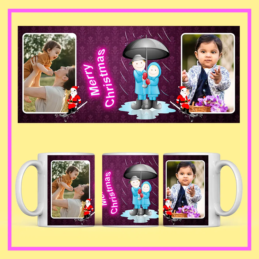 Personalized Christmas Photo Mug with Santa Claus design, flowers, and couple photo – festive ceramic mug from ResroseShop.in