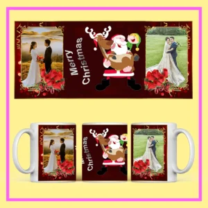 Personalized Christmas Photo Mug with Santa Claus design, flowers, and couple photo – festive ceramic mug from ResroseShop.in