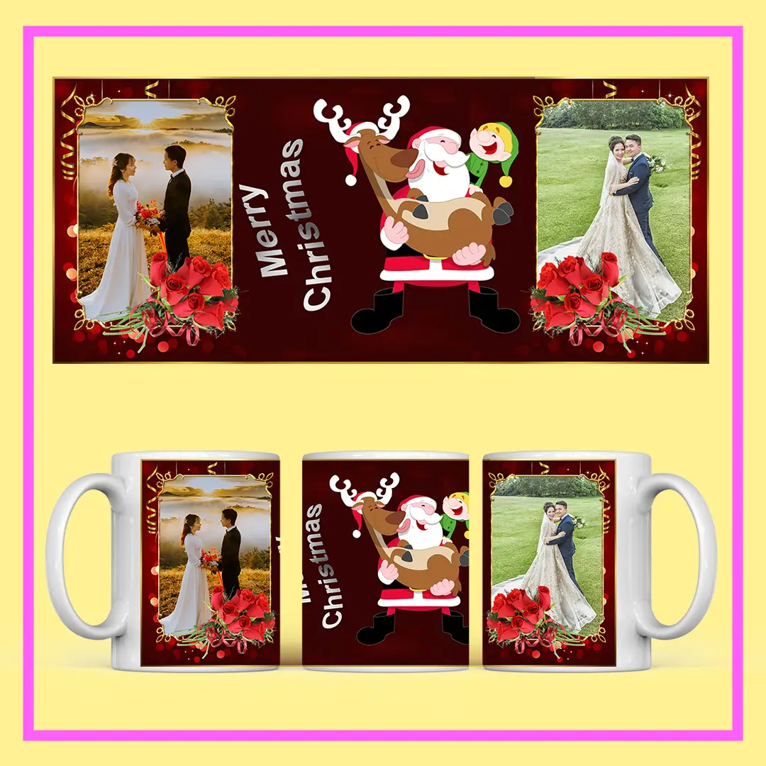 Personalized Christmas Photo Mug with Santa Claus design, flowers, and couple photo – festive ceramic mug from ResroseShop.in