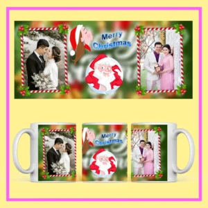 Personalized Christmas Photo Mug with Santa Claus design, flowers, and couple photo – festive ceramic mug from ResroseShop.in