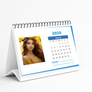 Custom printed calendar with company branding and vibrant monthly design.