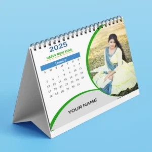 Custom printed calendar with company branding and vibrant monthly design.