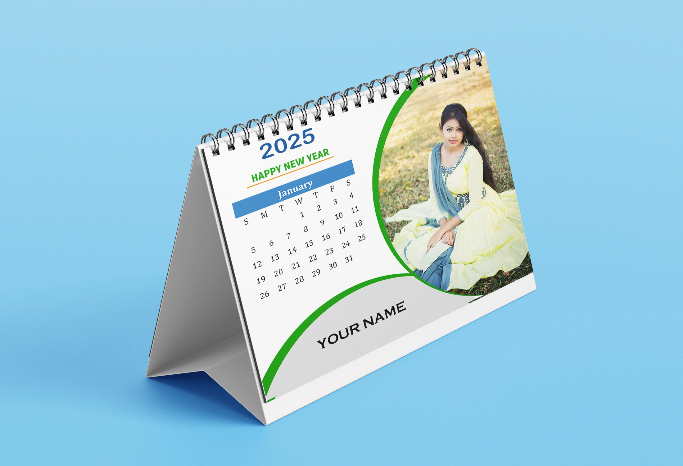 Custom printed calendar with company branding and vibrant monthly design.