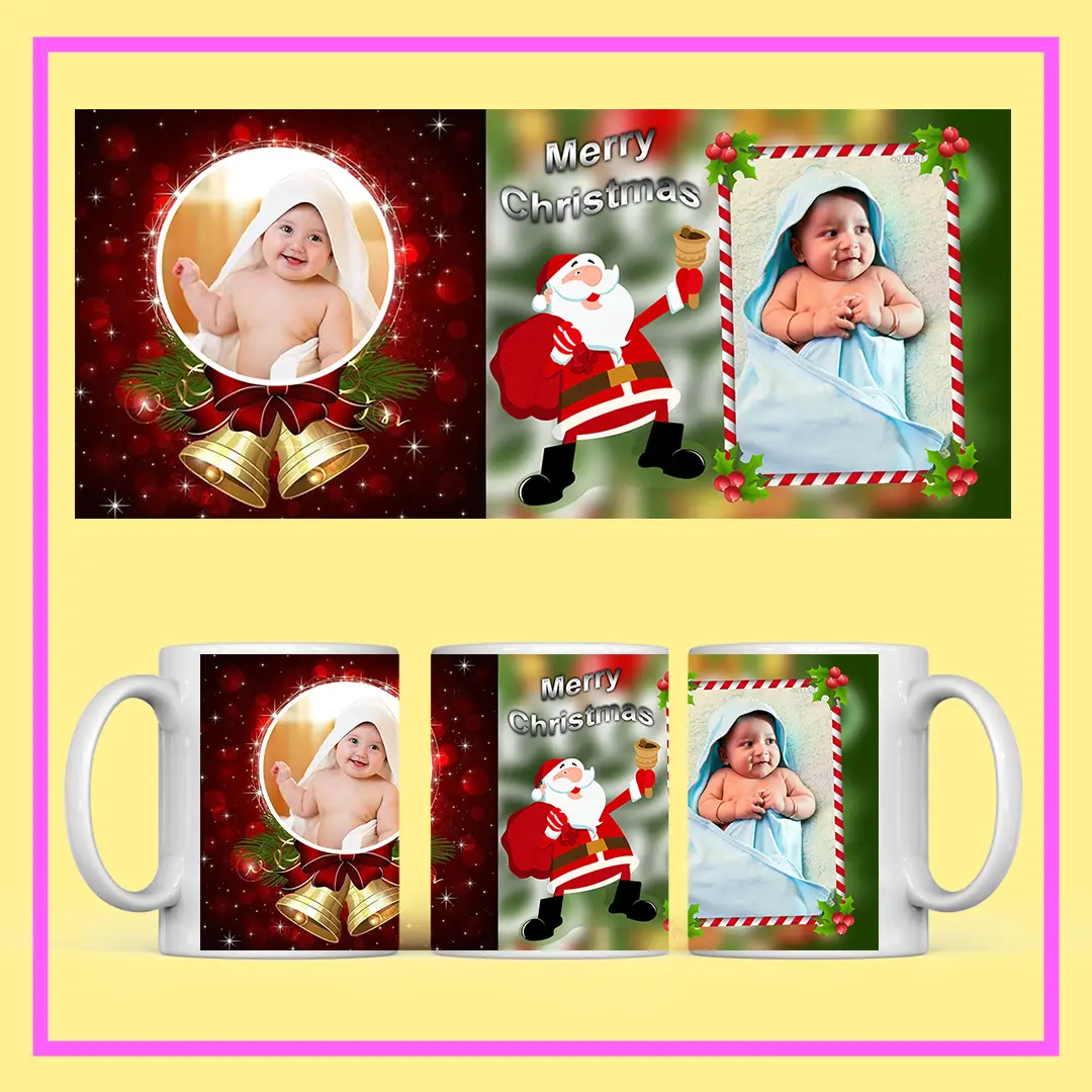 Personalized Christmas Photo Mug with Santa Claus design, flowers, and couple photo – festive ceramic mug from ResroseShop.in