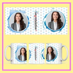 Personalized Congratulations Photo Mug with custom photo and blue polka-dot design – perfect gift for graduation or job promotion from ResroseShop.in