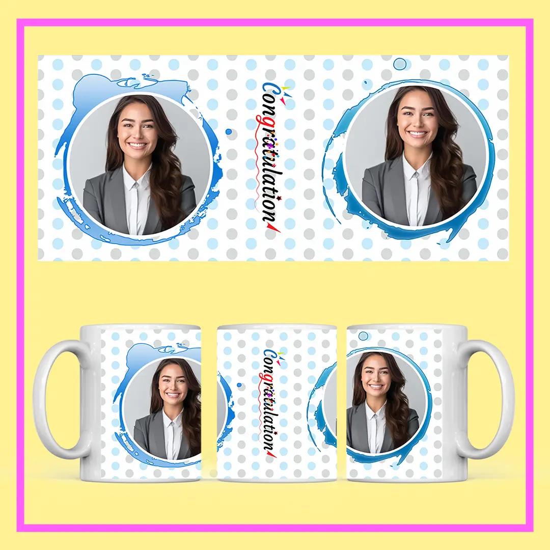 Personalized Congratulations Photo Mug with custom photo and blue polka-dot design – perfect gift for graduation or job promotion from ResroseShop.in