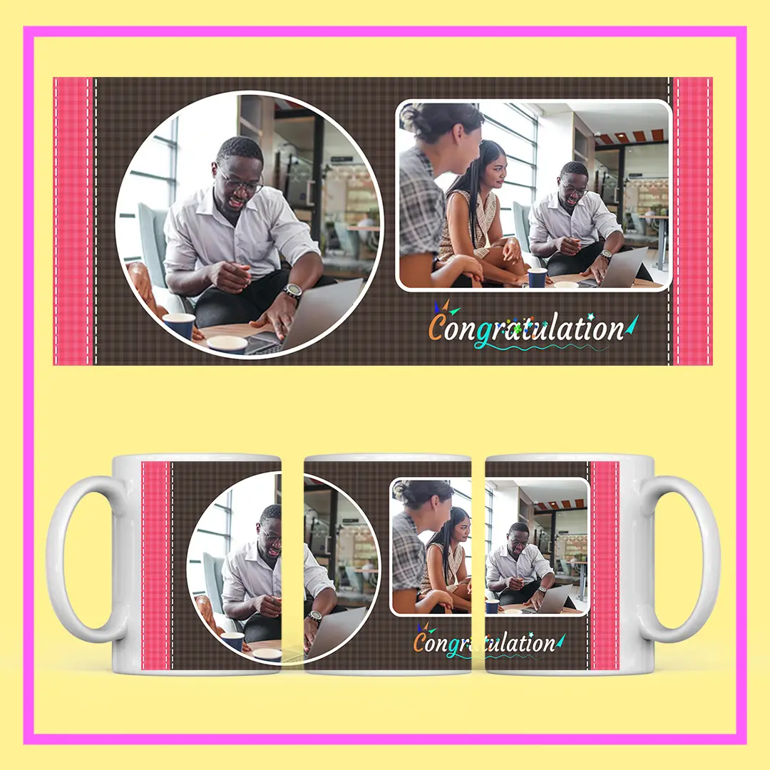 Personalized Congratulations Photo Mug with custom photo and blue polka-dot design – perfect gift for graduation or job promotion from ResroseShop.in