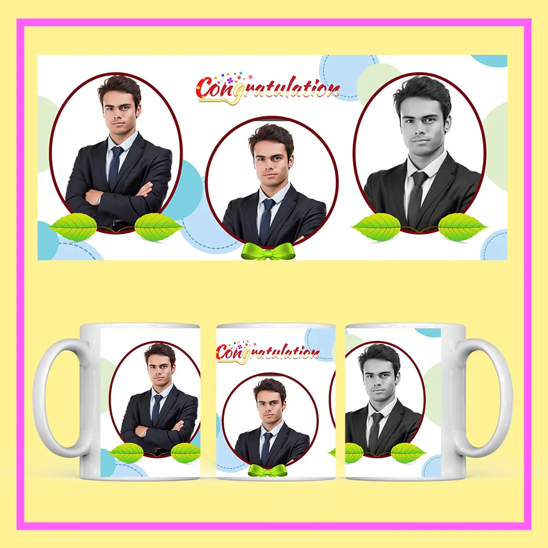 Personalized Congratulations Photo Mug with custom photo and blue polka-dot design – perfect gift for graduation or job promotion from ResroseShop.in