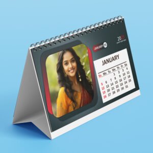 Custom printed calendar with company branding and vibrant monthly design.
