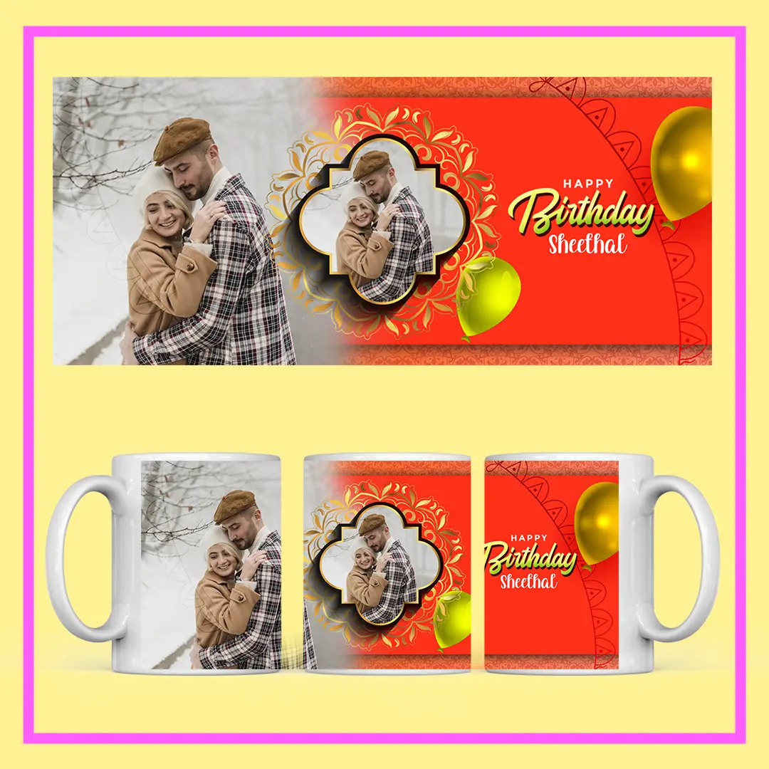Personalized Birthday Photo Mug with name, couple photo, and festive red-gold design – perfect birthday gift from ResroseShop.in