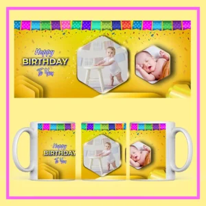 Personalized Birthday Photo Mug with name, couple photo, and festive red-gold design – perfect birthday gift from ResroseShop.in