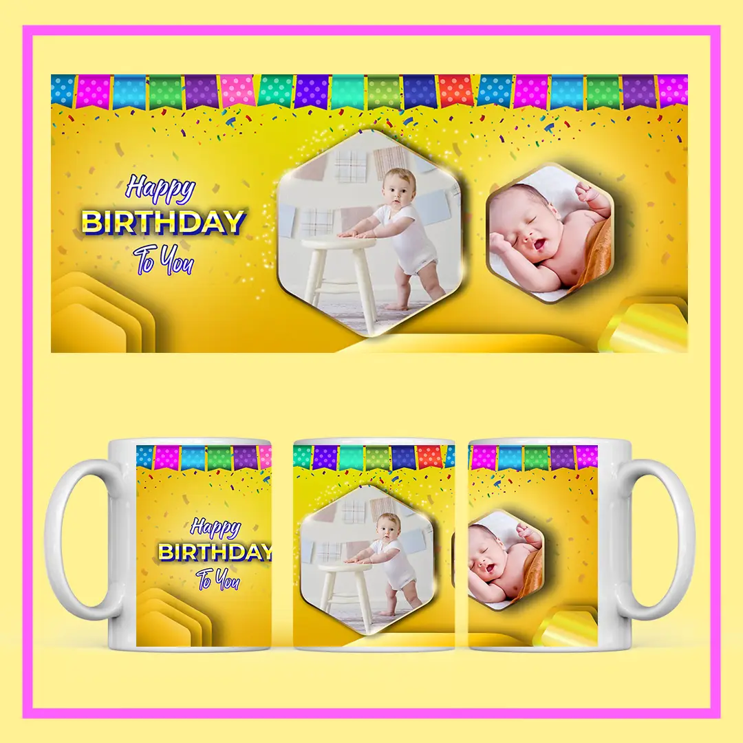 Personalized Birthday Photo Mug with name, couple photo, and festive red-gold design – perfect birthday gift from ResroseShop.in