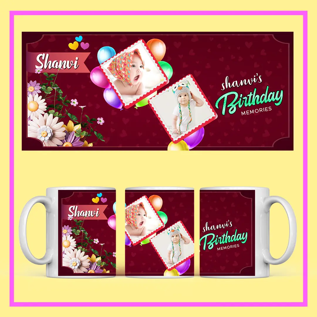 Personalized Birthday Photo Mug with name, couple photo, and festive red-gold design – perfect birthday gift from ResroseShop.in