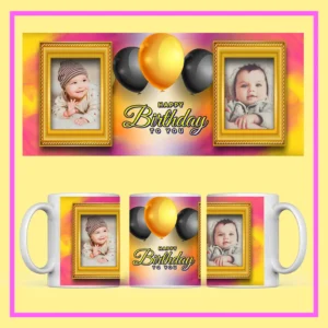 Personalized Birthday Photo Mug with name, couple photo, and festive red-gold design – perfect birthday gift from ResroseShop.in