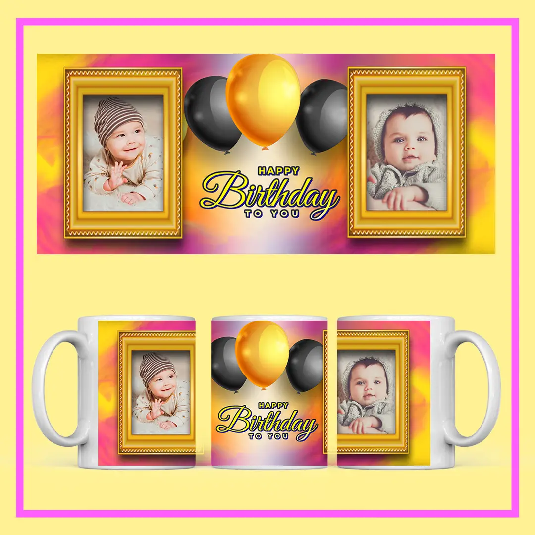 Personalized Birthday Photo Mug with name, couple photo, and festive red-gold design – perfect birthday gift from ResroseShop.in