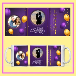 Personalized Birthday Photo Mug with name, couple photo, and festive red-gold design – perfect birthday gift from ResroseShop.in