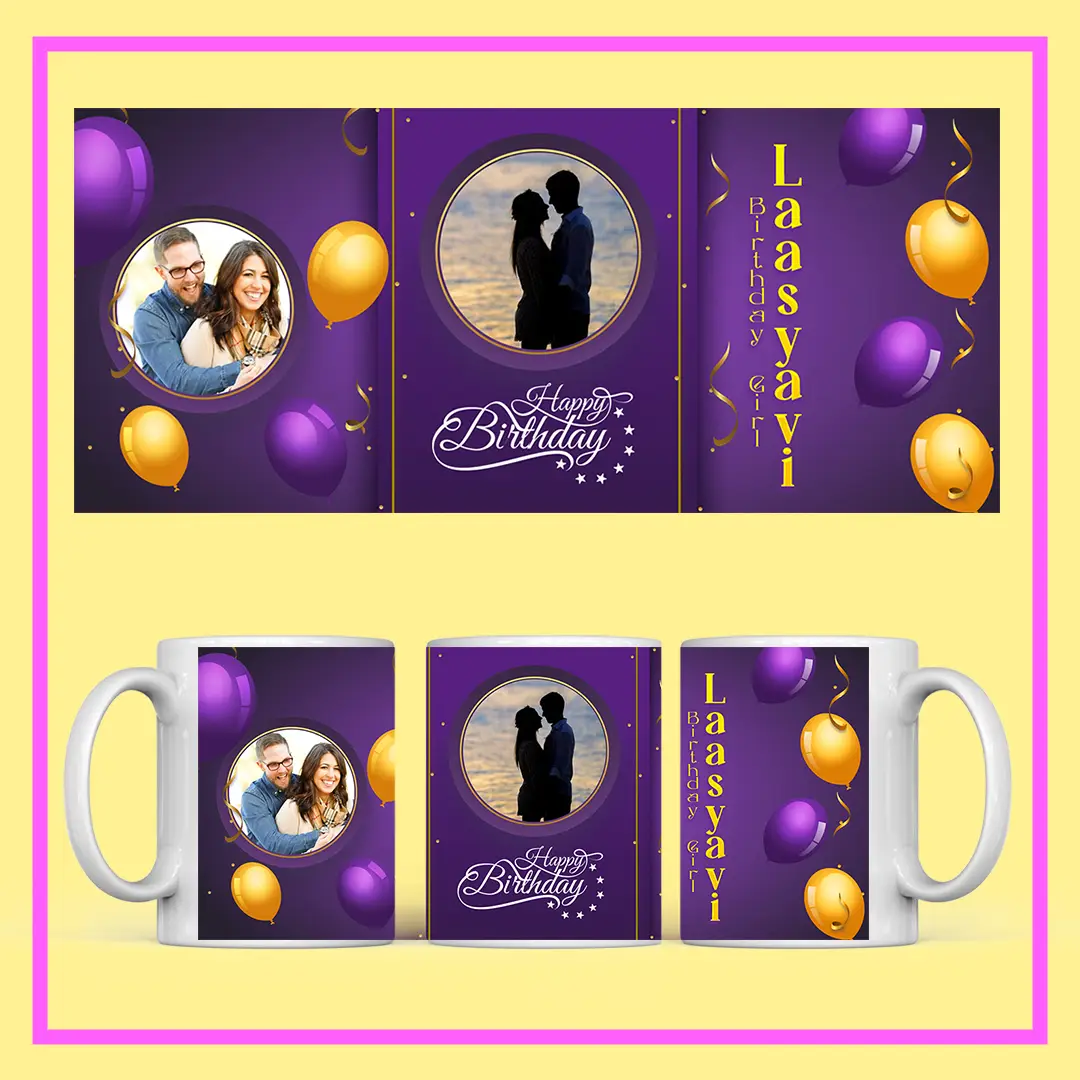 Personalized Birthday Photo Mug with name, couple photo, and festive red-gold design – perfect birthday gift from ResroseShop.in