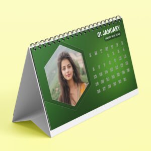 Custom printed calendar with company branding and vibrant monthly design.
