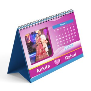 Custom printed calendar with company branding and vibrant monthly design.