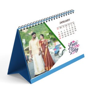 Custom printed calendar with company branding and vibrant monthly design.