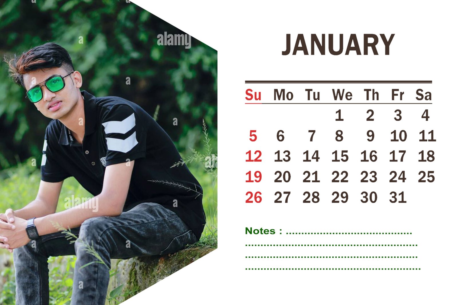 Custom printed calendar with company branding and vibrant monthly design.