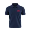 Navy blue polo T-shirt with red Mahindra logo printed on the back – custom corporate staff uniform design
