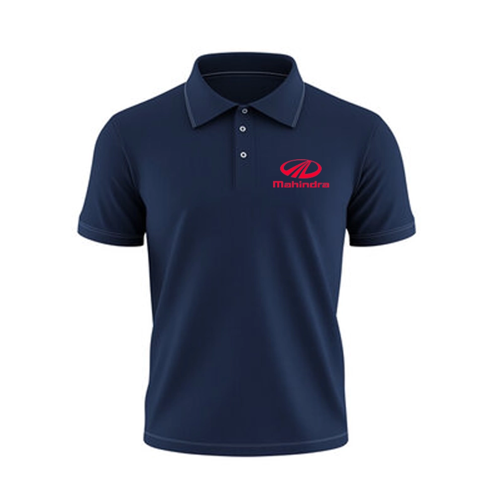 Navy blue polo T-shirt with red Mahindra logo printed on the back – custom corporate staff uniform design