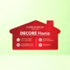 “Red house-shaped Decore Home visiting card featuring contact details, icons, and the name Zuriqa Meza.”