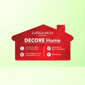 “Red house-shaped Decore Home visiting card featuring contact details, icons, and the name Zuriqa Meza.”