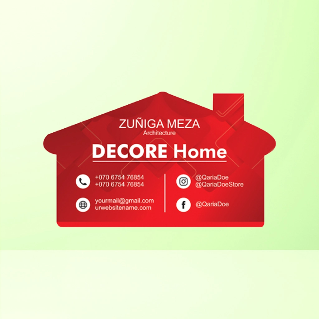 “Red house-shaped Decore Home visiting card featuring contact details, icons, and the name Zuriqa Meza.”
