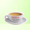 “Tea shop visiting card designed as a white cup filled with tea, featuring Hindi text and contact details on the cup.”