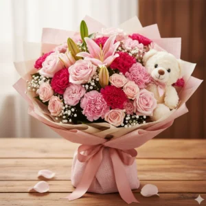“Pink flower bouquet with 6-inch teddy bear combo for romantic and sweet gifting”