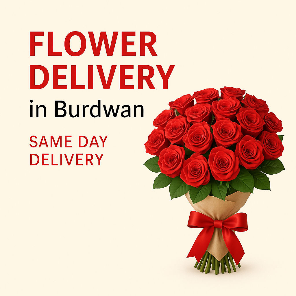 Flower delivery in Burdwan banner with red rose bouquet – same day delivery