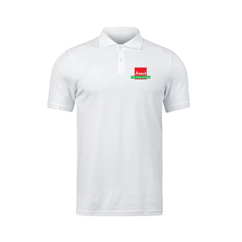 White polo T-shirt with small Amul logo printed on the chest – custom corporate uniform design