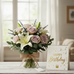 “Fresh flower bouquet with Happy Birthday greeting card combo gift for celebrations.”