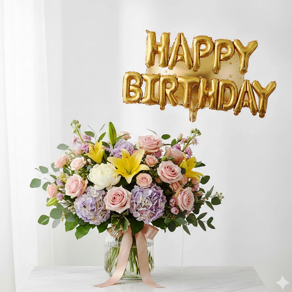 Flower bouquet with Happy Birthday foil balloon gift combo