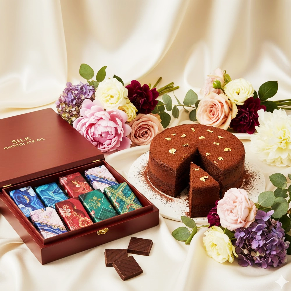 “Flowers with Truffle Cake and Cadbury Silk chocolate celebration gift combo.”