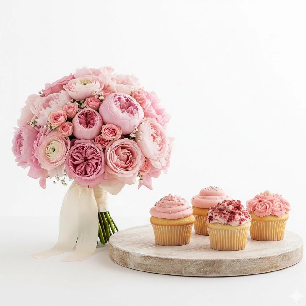 “Pink flower bouquet with 4 cupcakes sweet celebration combo gift.”