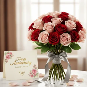 “20 red roses bouquet with anniversary greeting card romantic combo gift.”