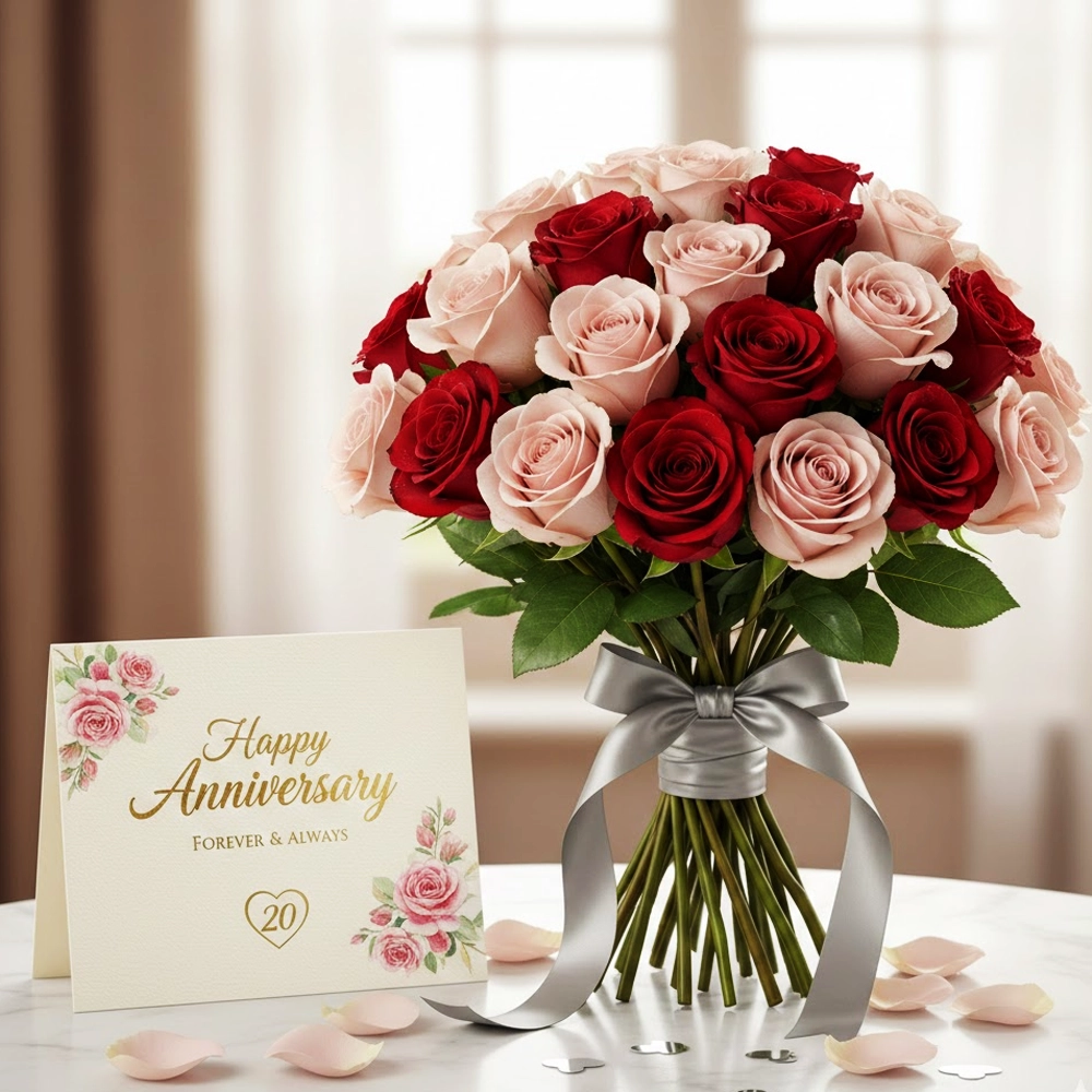 “20 red roses bouquet with anniversary greeting card romantic combo gift.”