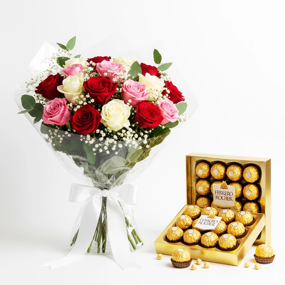 “Rose bouquet with Ferrero Rocher 16 pcs premium gift combo for romantic celebrations”