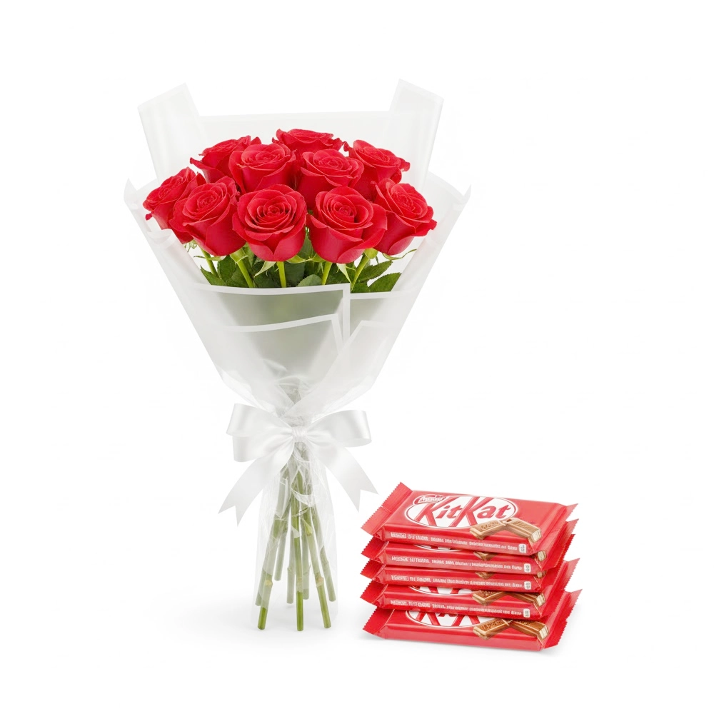 “10 red rose bouquet with KitKat chocolates gift combo for romantic and special occasions”