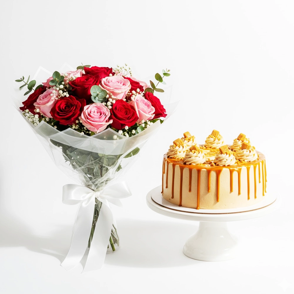 “15 Red Rose Bouquet with Half Kg Butterscotch Cake gift combo for celebrations and romantic occasions”