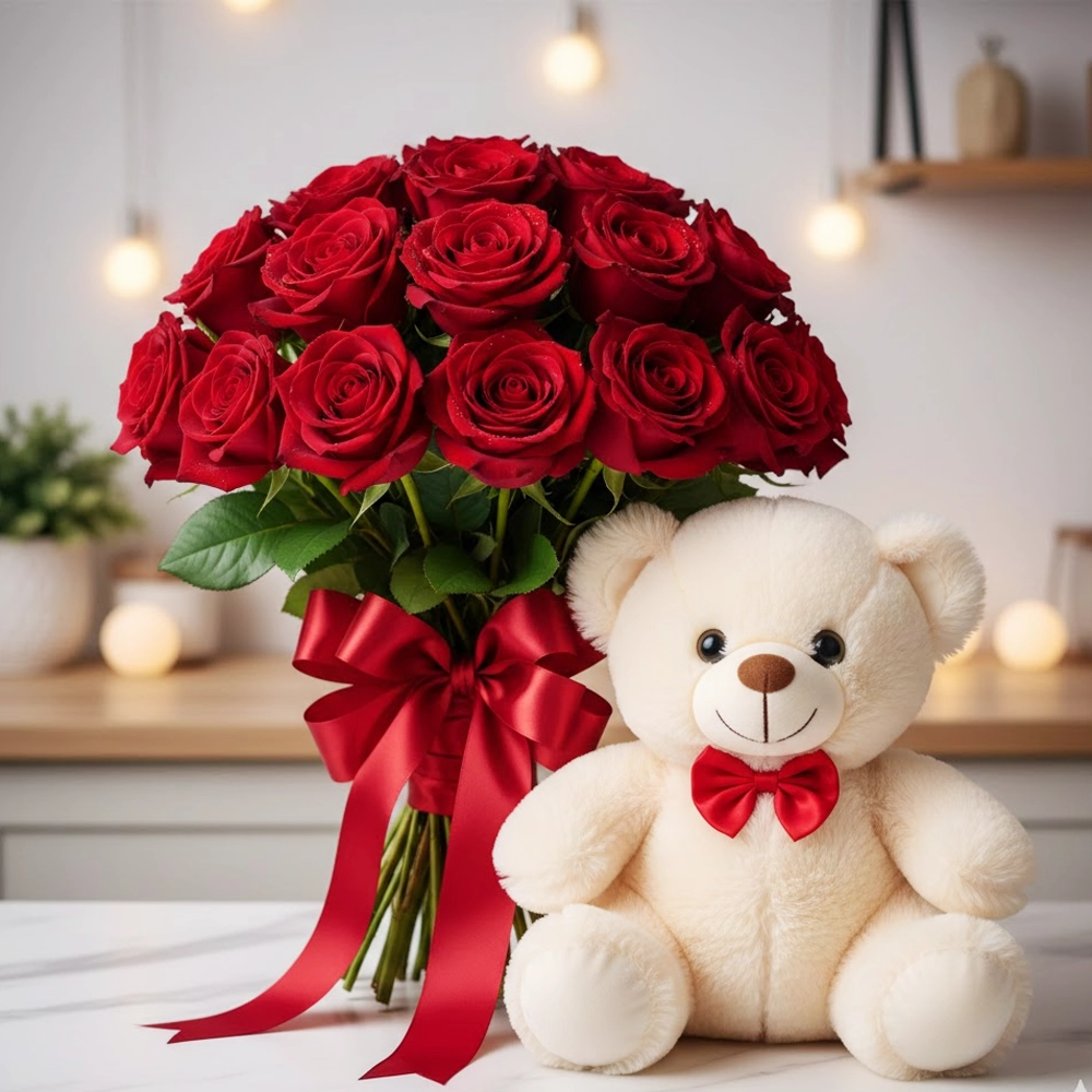 “Red roses and cute teddy bear combo gift for romantic occasions.”