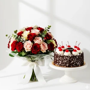 “Red Rose Bouquet with 1 Kg Black Forest Cake gift combo for celebration and romantic occasions”